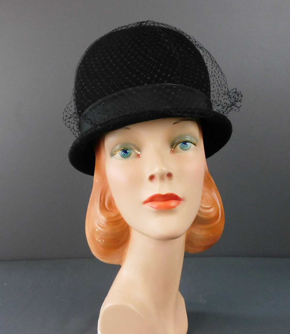 Vintage Black Felt Hat with Tall Rounded Top, Net… - image 2