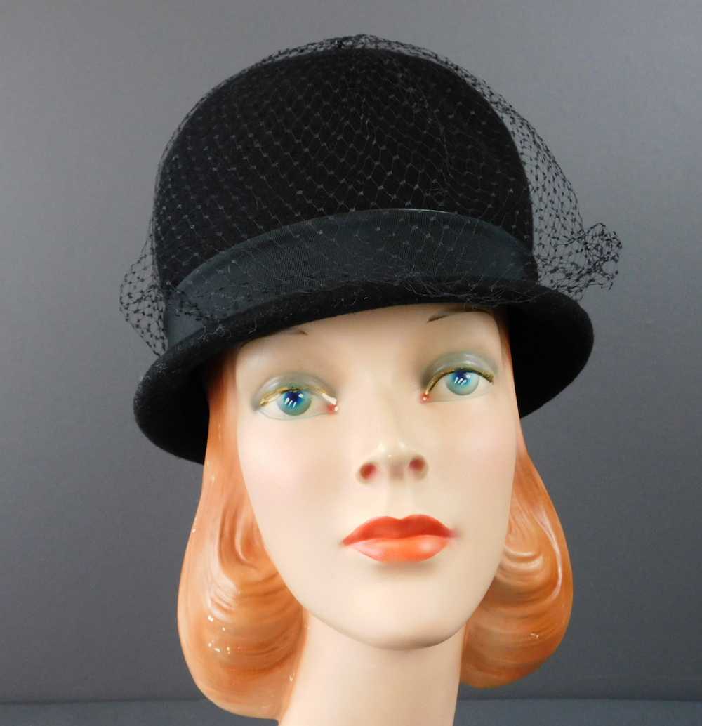 Vintage Black Felt Hat with Tall Rounded Top, Net… - image 3