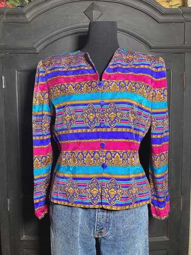 M/ 80’s Colorful Baroque Silk Jacket, Gold and Blu