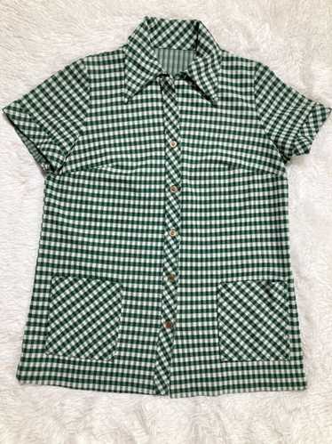 L-XL/ 70’s Green Gingham Tunic Top with Pockets an