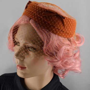 Terra Cotta Orange Vintage 60s Ringlet Hat with N… - image 1