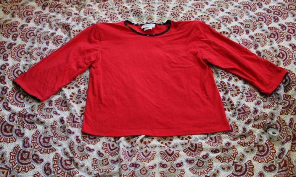 L/ Vintage Red Blouse, Half Sleeve Red Shirt w/ B… - image 1