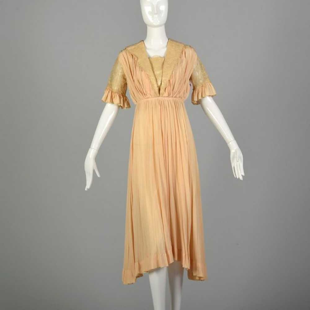 XS 1910s Dress Pink Silk Edwardian Lace Short Sle… - image 1
