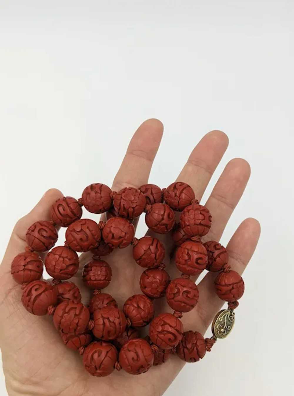 Cinnabar Carved Bead Vintage Silver Chinese Red N… - image 4