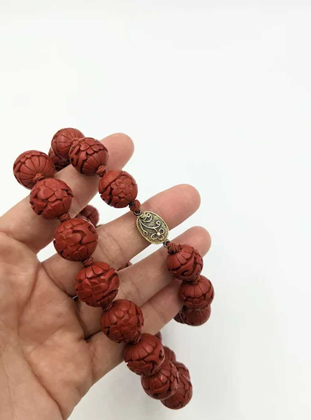 Cinnabar Carved Bead Vintage Silver Chinese Red N… - image 5
