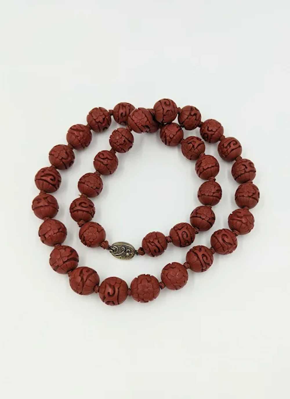 Cinnabar Carved Bead Vintage Silver Chinese Red N… - image 6