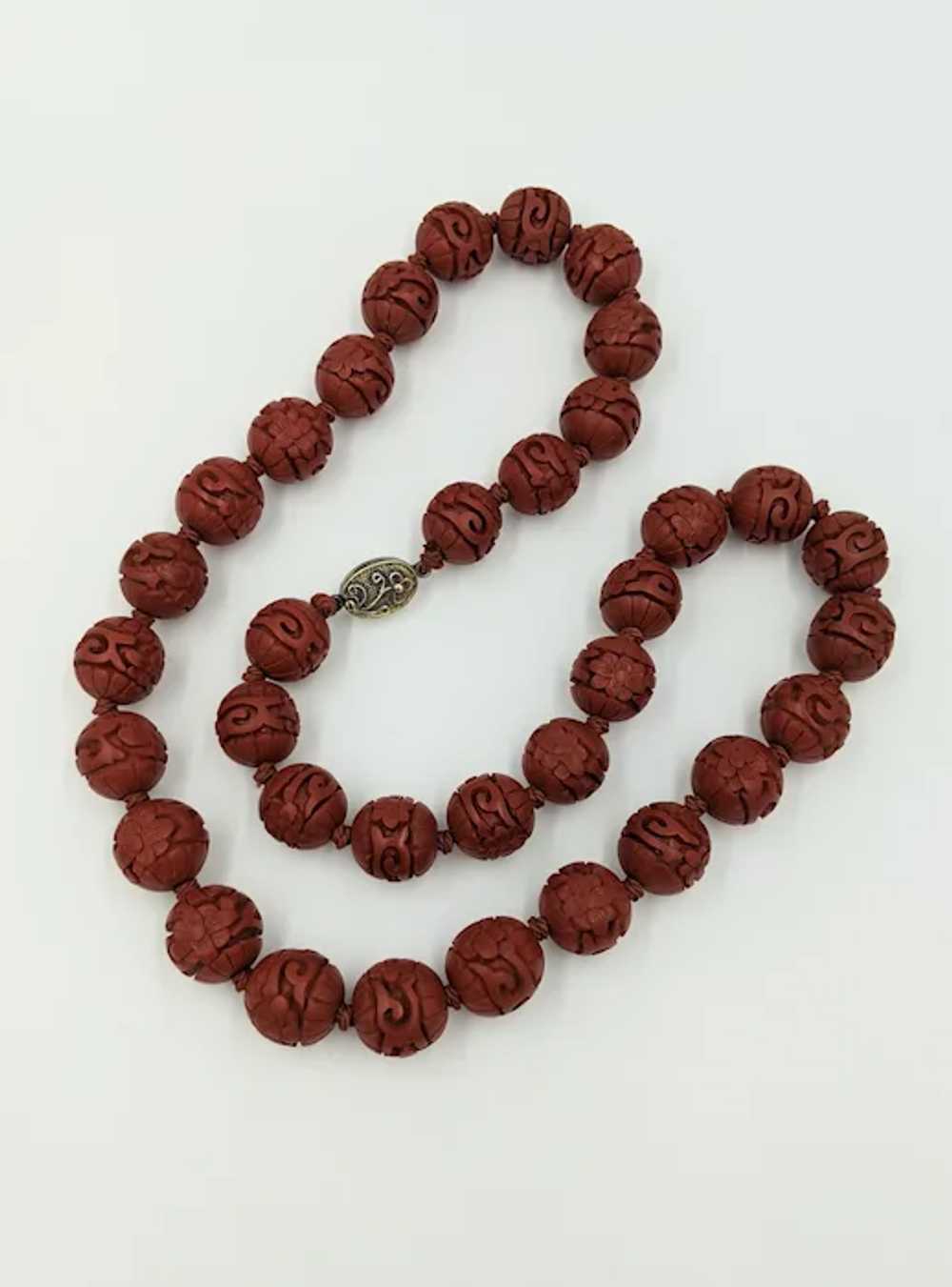 Cinnabar Carved Bead Vintage Silver Chinese Red N… - image 7