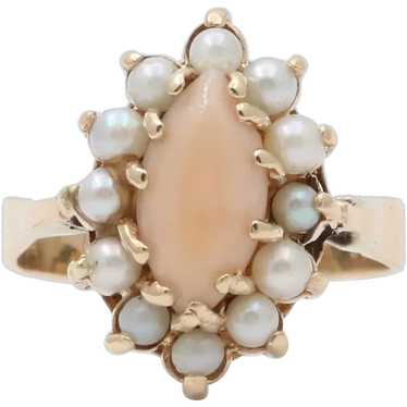 Vintage Pink Coral Pearls 14K Yellow Gold Ring - image 1