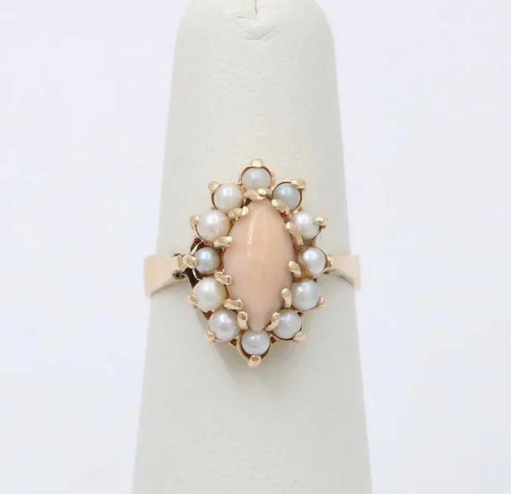 Vintage Pink Coral Pearls 14K Yellow Gold Ring - image 2