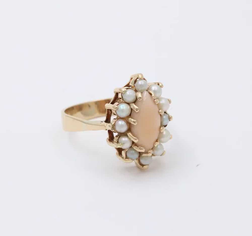 Vintage Pink Coral Pearls 14K Yellow Gold Ring - image 3
