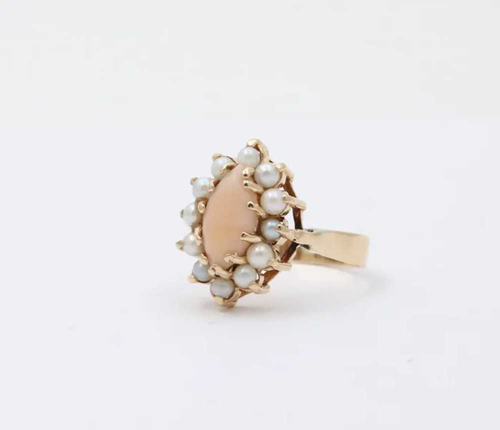 Vintage Pink Coral Pearls 14K Yellow Gold Ring - image 4