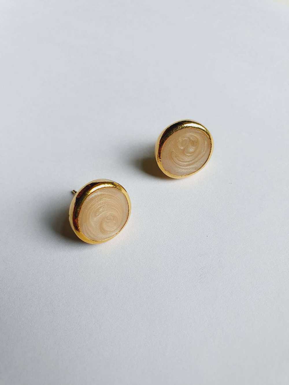 Vintage Gold Plated Beige Enamel Round Stud Earri… - image 1