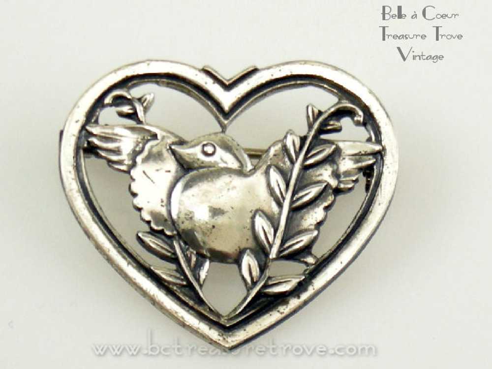 Vintage Bird in Heart Pin – Coro Pegasus Sterling… - image 1