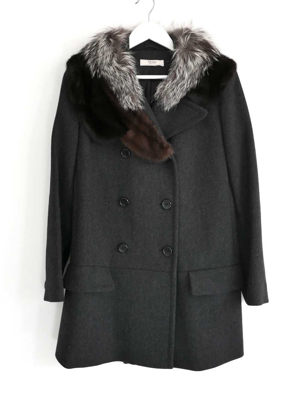 Prada Black Double Breasted Wool Coat with Fox & … - image 2