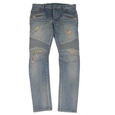 Balmain Light Wash Indigo Blue Distressed Biker J… - image 1