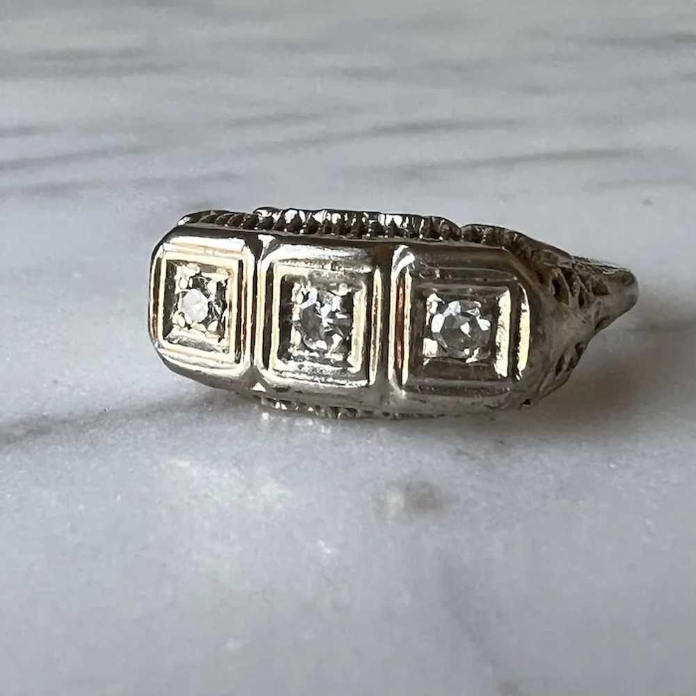 Art Deco 14K White Gold Filigree Diamond Ring - image 2