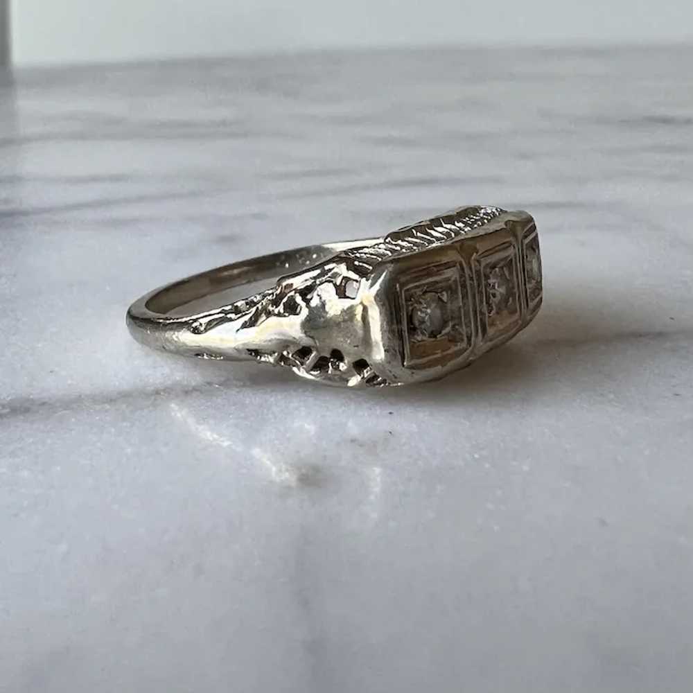 Art Deco 14K White Gold Filigree Diamond Ring - image 3
