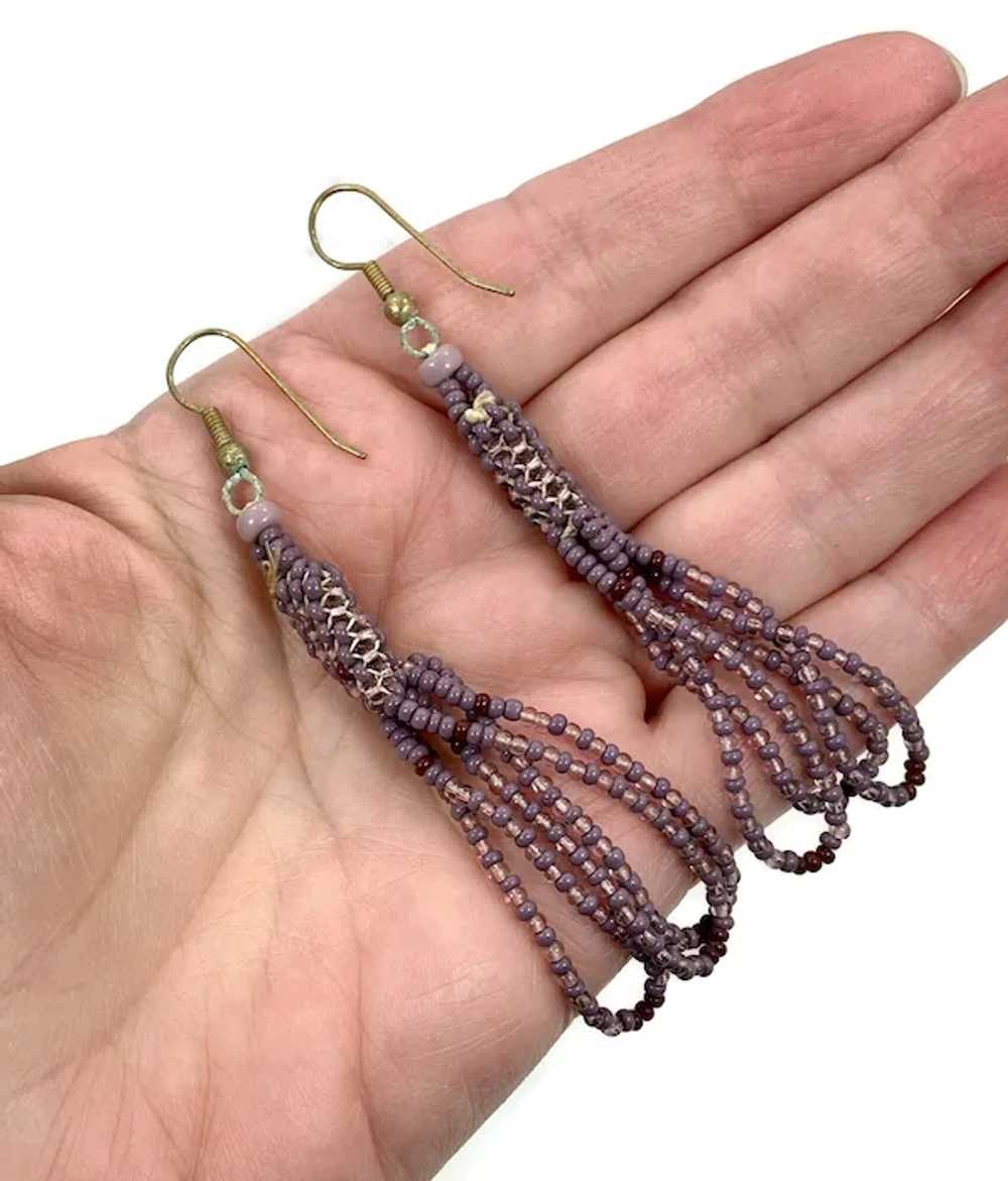 Purple Earrings, Seed Beaded, Vintage Earrings, B… - image 2