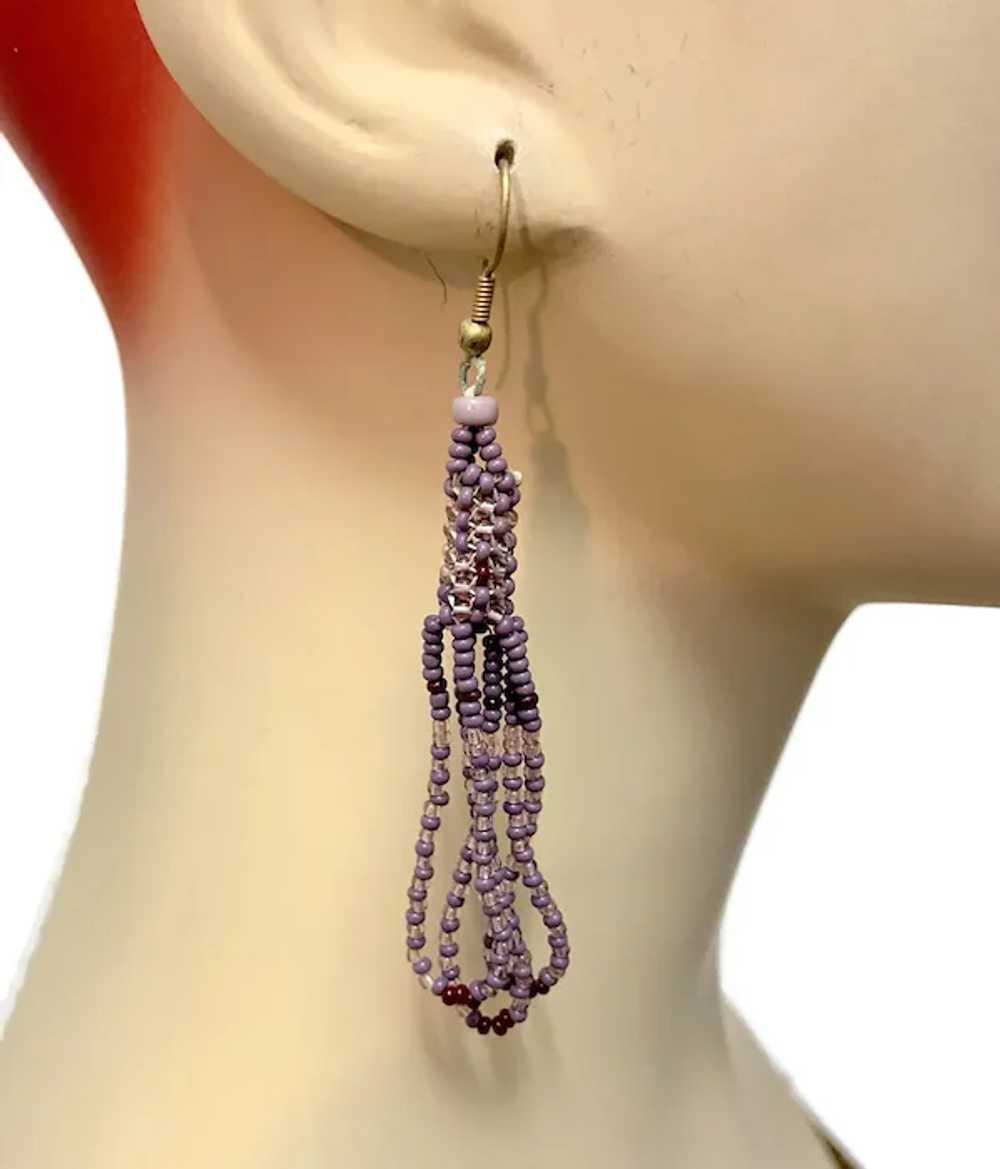 Purple Earrings, Seed Beaded, Vintage Earrings, B… - image 3