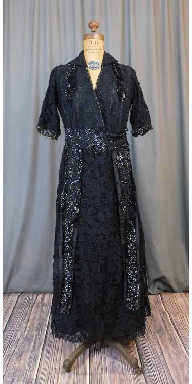 Edwardian Black Lace Dress with Beads and Sequins… - image 1