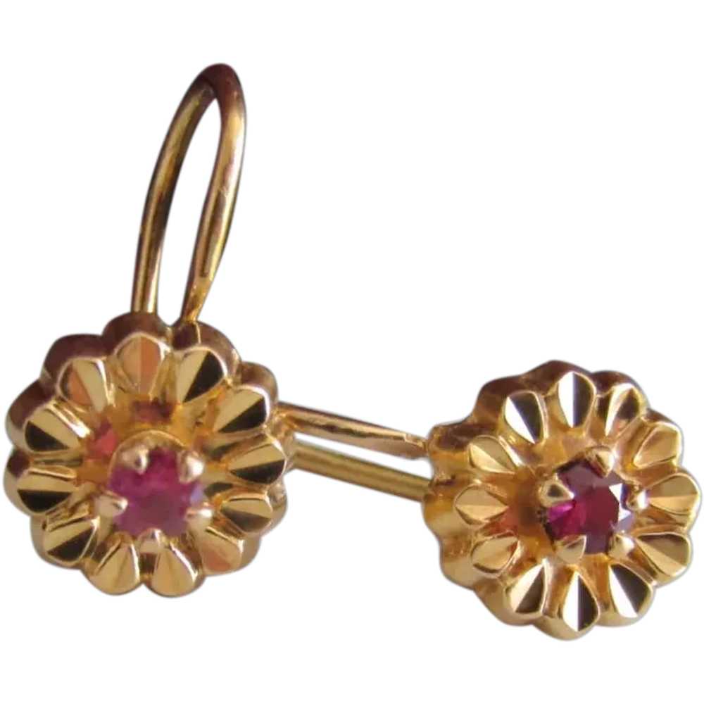 18K RUBY Floral Earrings, Vintage French Floral D… - image 1