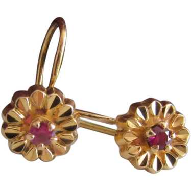 18K RUBY Floral Earrings, Vintage French Floral D… - image 1
