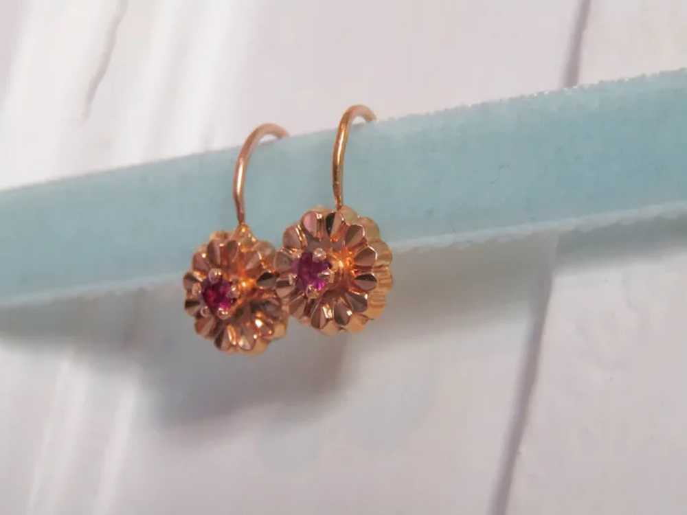 18K RUBY Floral Earrings, Vintage French Floral D… - image 2
