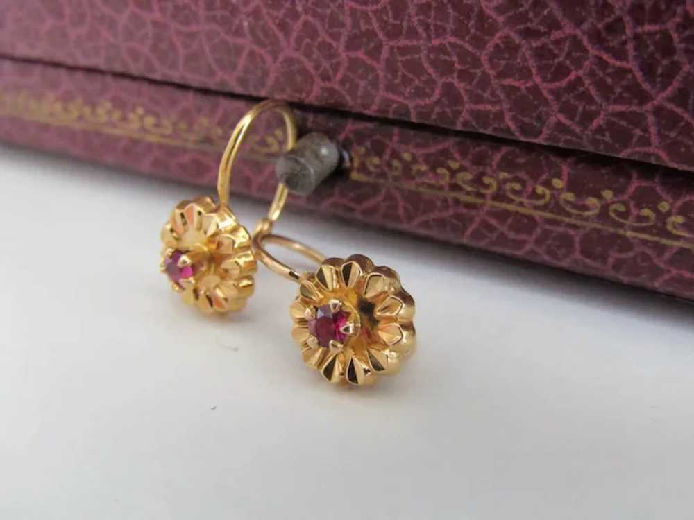 18K RUBY Floral Earrings, Vintage French Floral D… - image 3