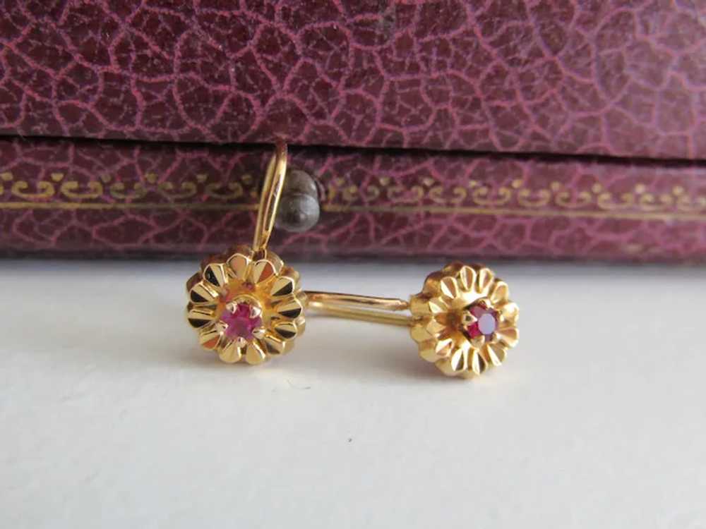 18K RUBY Floral Earrings, Vintage French Floral D… - image 4