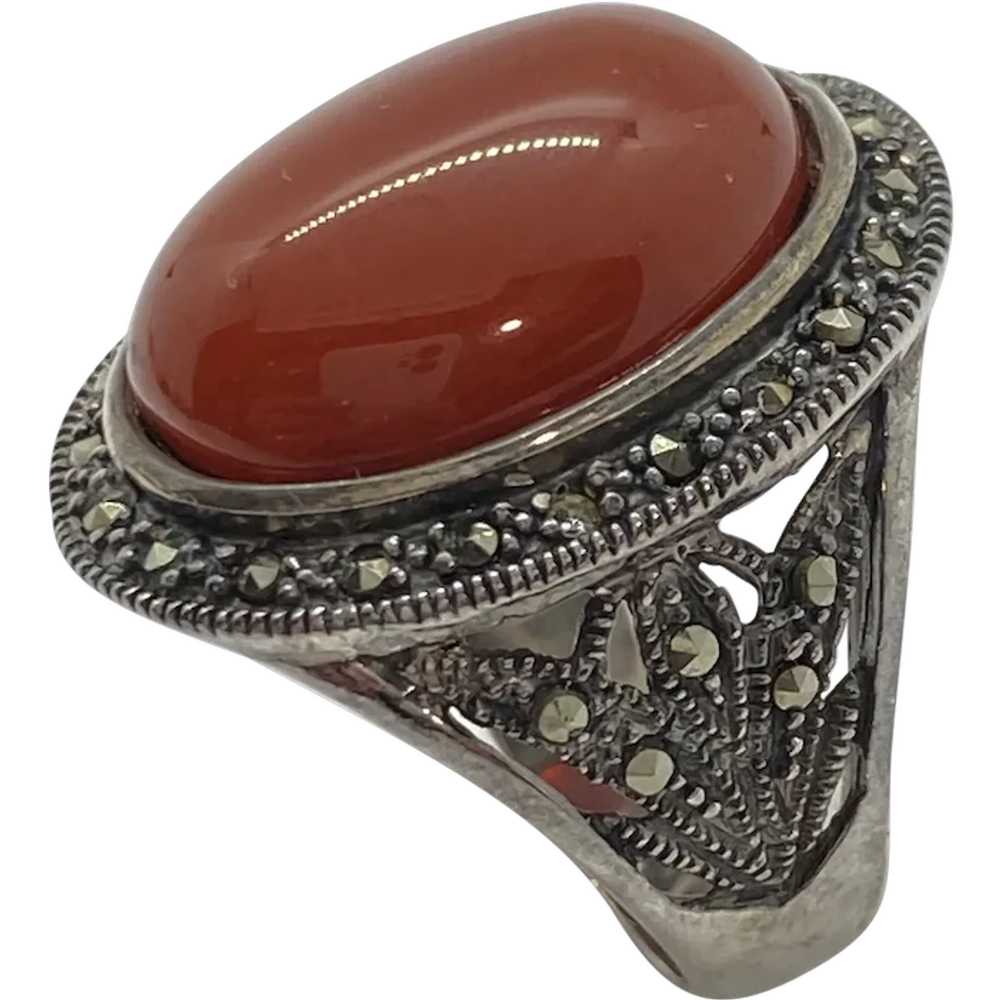 Carnelian and Marcasite Vintage Ring Sterling Sil… - image 1