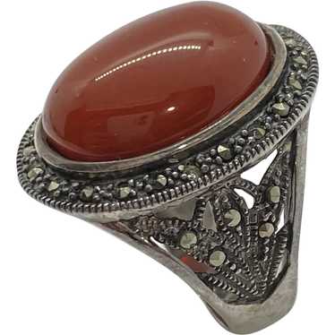 Carnelian and Marcasite Vintage Ring Sterling Sil… - image 1