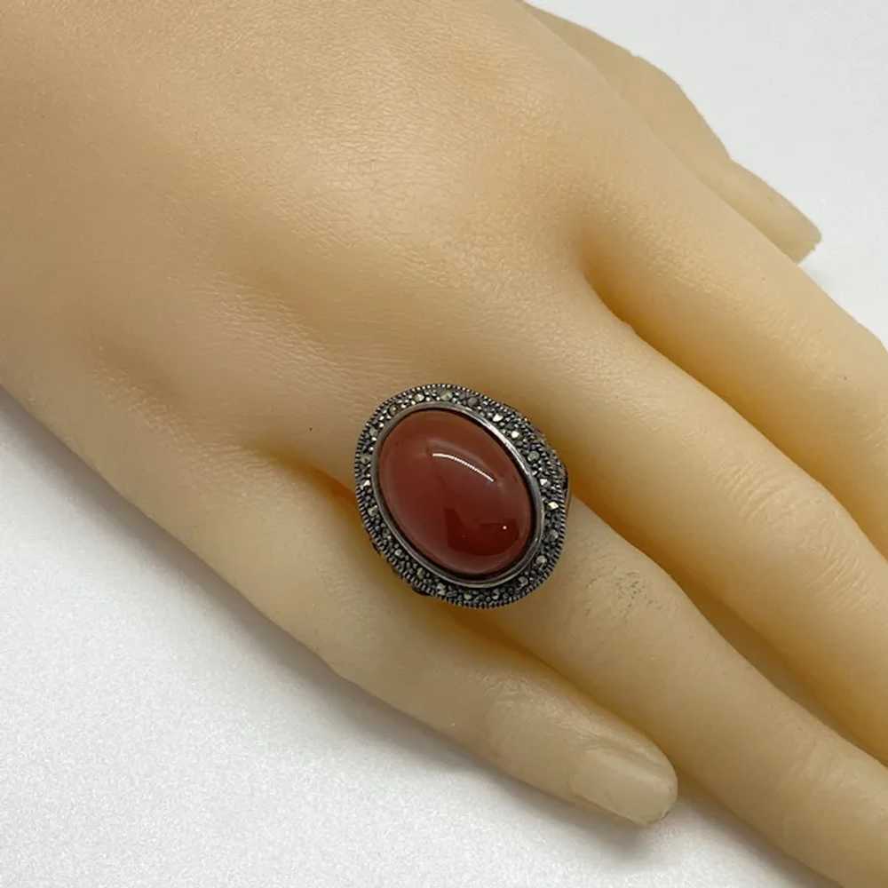 Carnelian and Marcasite Vintage Ring Sterling Sil… - image 2