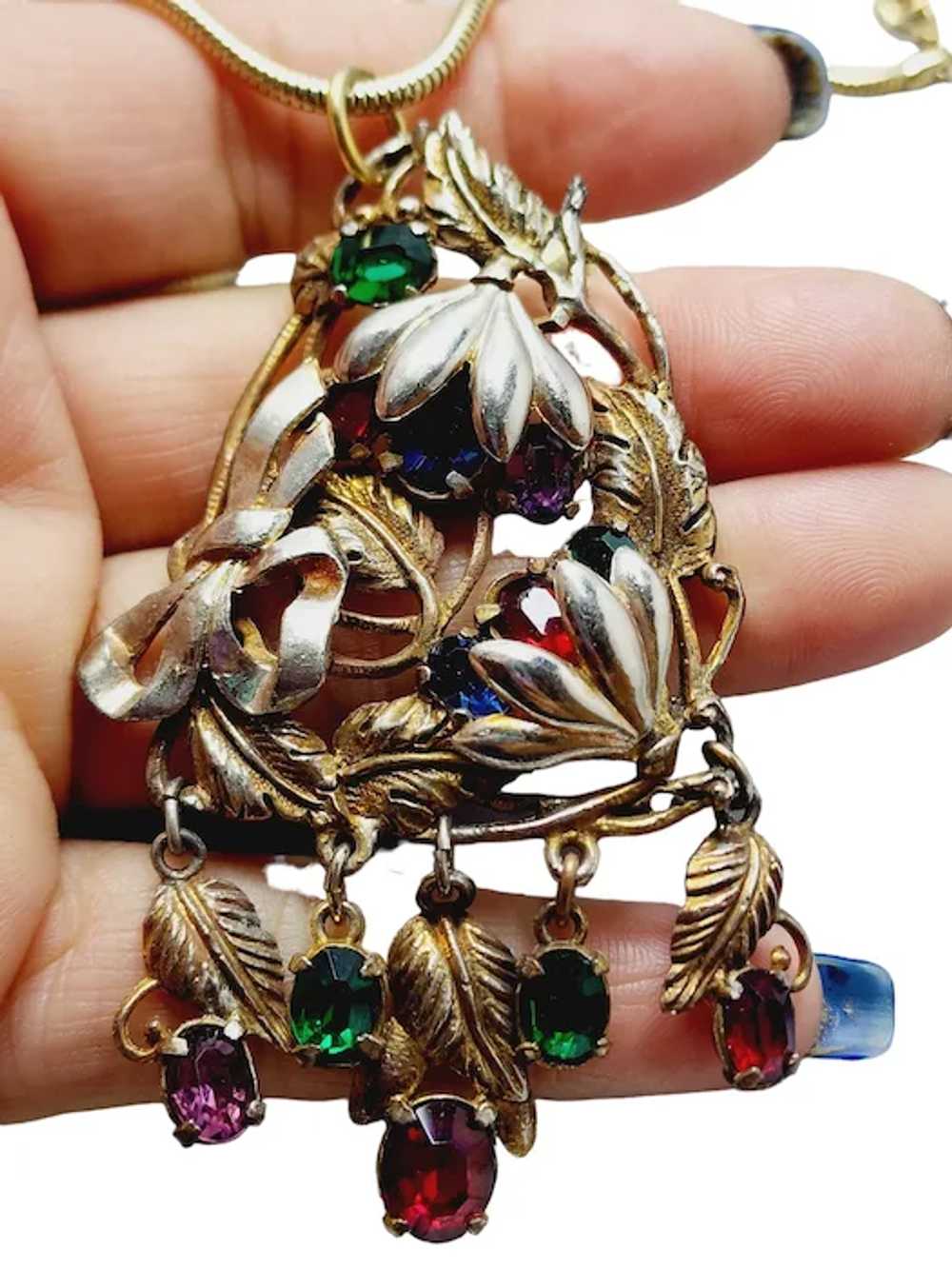 Vintage Art Deco Jeweled Dangle Pendant Necklace … - image 2
