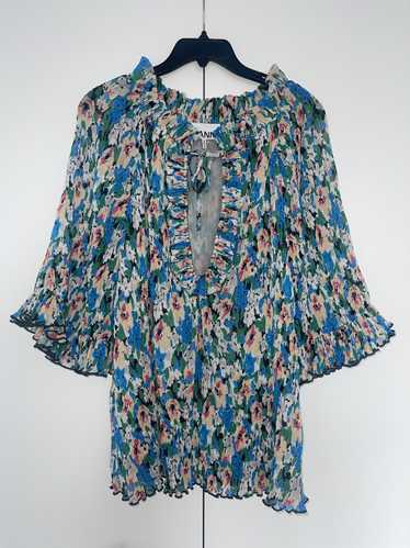 Ganni Blue floral-print ruffle blouse