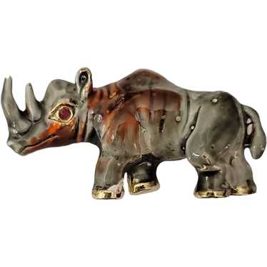 Rhino, Gold Tone Rhinoceros Red Rhinestone Brooch 
