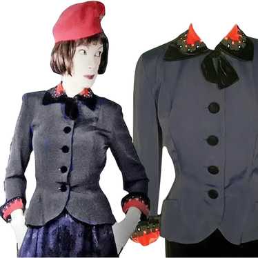 1940s Womens Suit Jacket Red Velvet & Rhinestones… - image 1