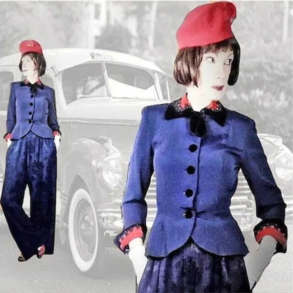 1940s Womens Suit Jacket Red Velvet & Rhinestones… - image 9