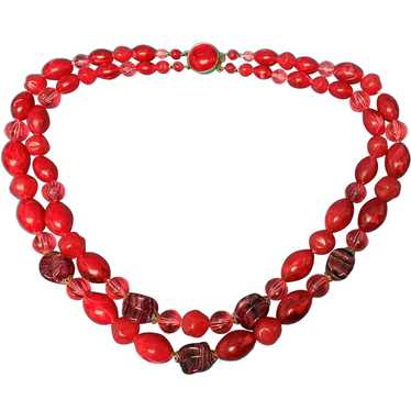 Vintage Double Strands Red Beaded Plastic Necklac… - image 1