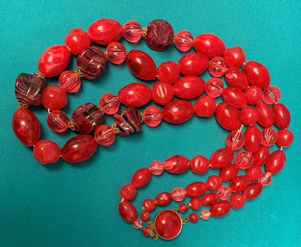 Vintage Double Strands Red Beaded Plastic Necklac… - image 2