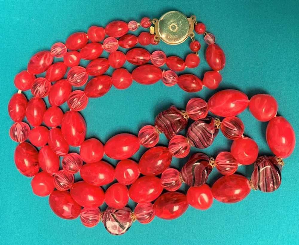 Vintage Double Strands Red Beaded Plastic Necklac… - image 3