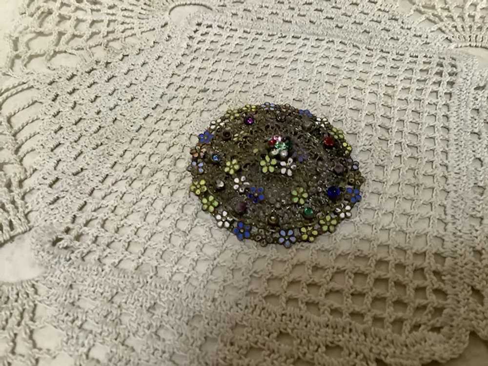 Antique Round Metal Filigree Brooch with Gemstone… - image 5