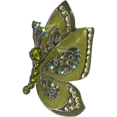 Roman Green Enamel AB Rhinestone Butterfly Brooch 