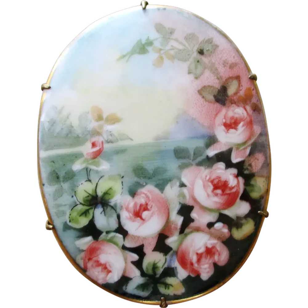 Large Antique Hand Painted Porcelain Roses Landsc… - image 1