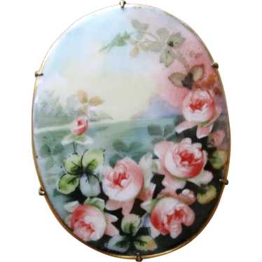 Large Antique Hand Painted Porcelain Roses Landsc… - image 1