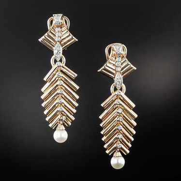 Retro Feather Motif Diamond and Pearl Drop Earring