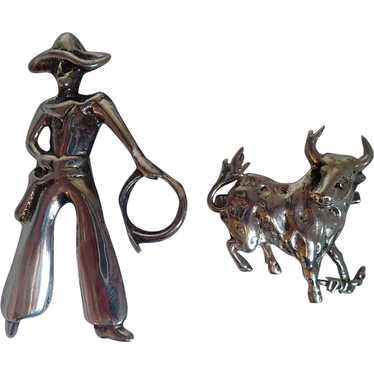 *Vintage Sterling Cowboy Bull Pins Brooches - image 1