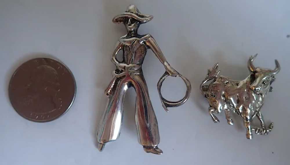 *Vintage Sterling Cowboy Bull Pins Brooches - image 4