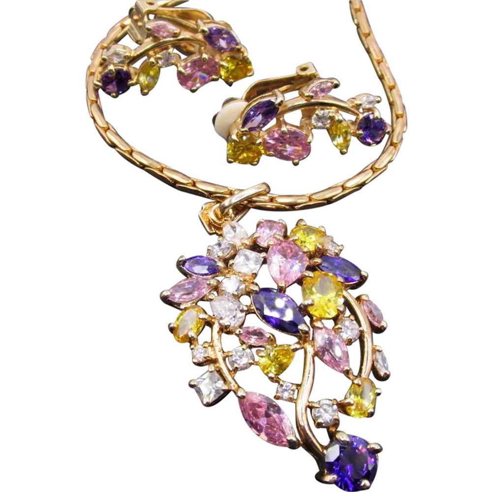 Vintage Gold Plated Purple, Pink and Yellow Rhine… - image 1