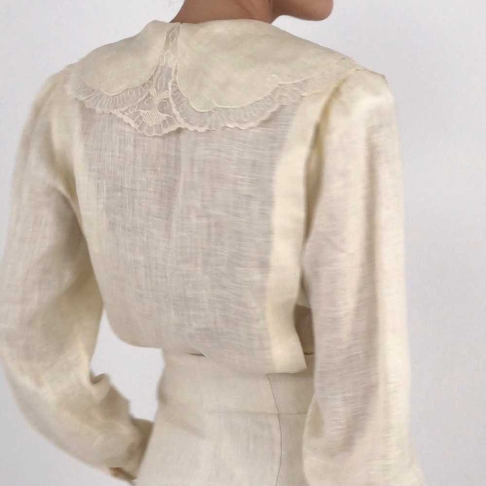 Vintage 80's Floral Lace Collared Linen Blouse - image 2