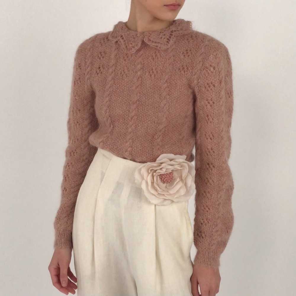 Vintage Dusty Rose Open Knit Collared Sweater Top - image 2
